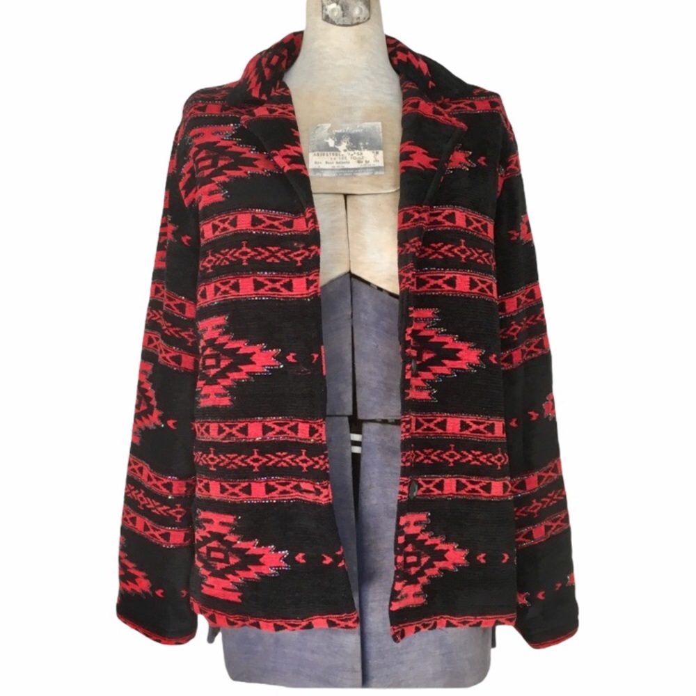 Vintage 90s Chenille Southwestern Beaded Blazer Jacket - Picture 10 of 16